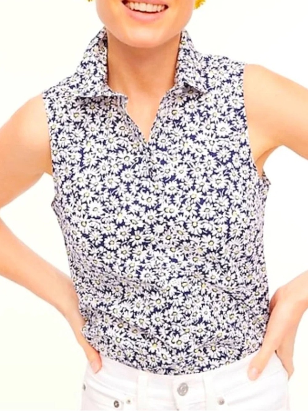 J. Crew Women's Sleeveless Daisy Cotton Poplin Shirt Antique Navy Size Medium